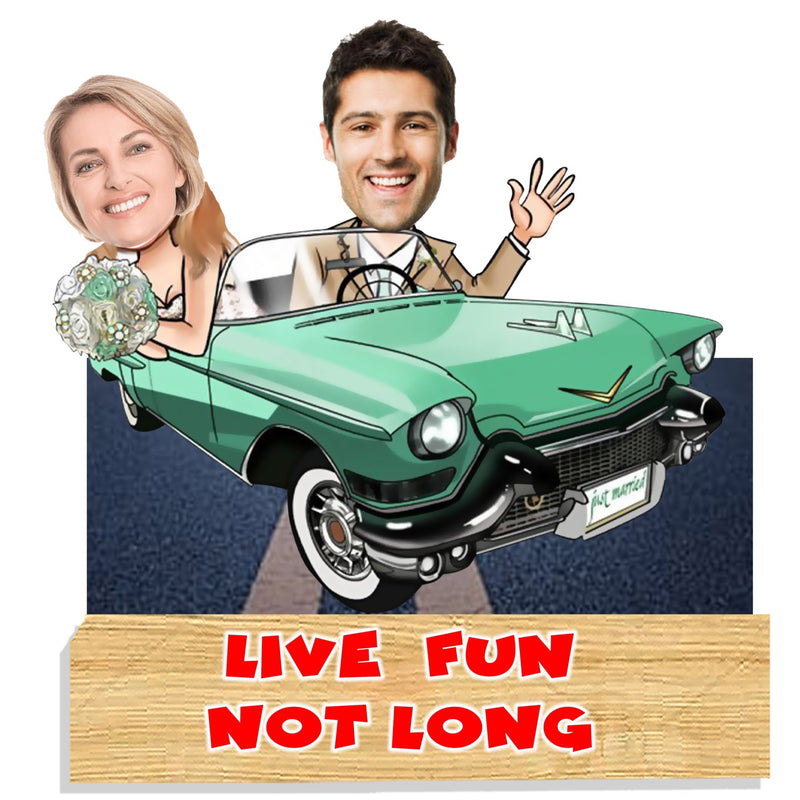 Customized " Couple on car " Caricature Cutout with Wooden Base - HEARTSLY