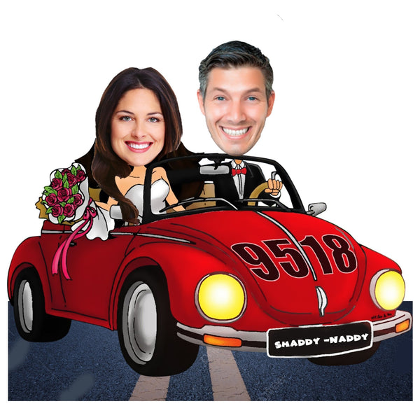 Customized "Couple on car" Caricature Cutout with Wooden Base - HEARTSLY