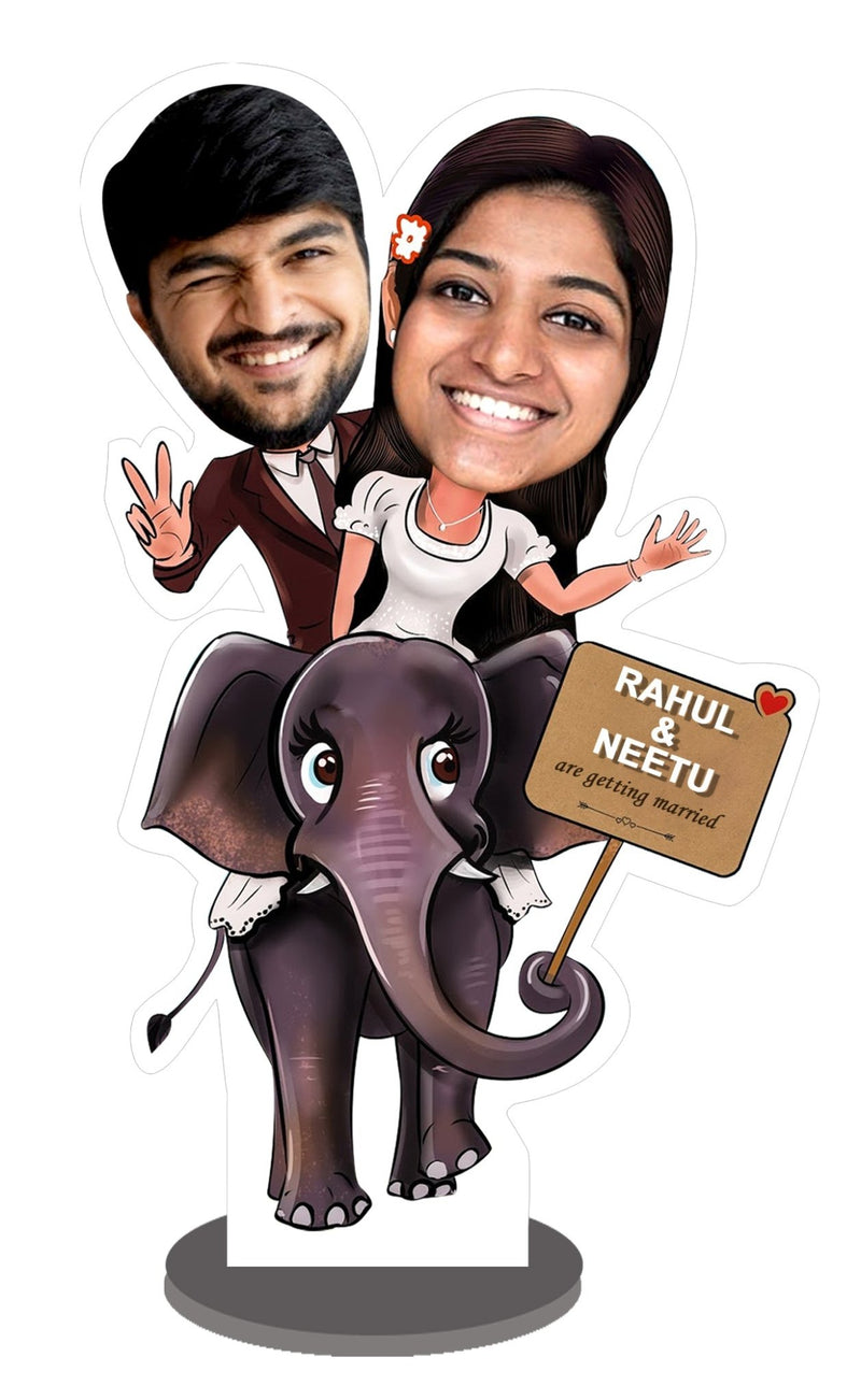 Customized "Couple on elephant" caricature cutout with wooden stand - HEARTSLY