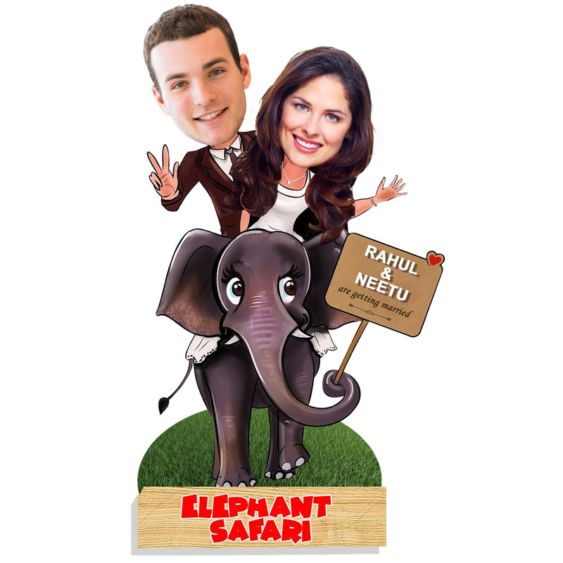 Customized " Couple on Elephant Ride" Caricature Cutout with Wooden Base - HEARTSLY