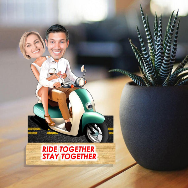 Customized "Couple ON Scooter" Caricature Cutout with Wooden Base - HEARTSLY