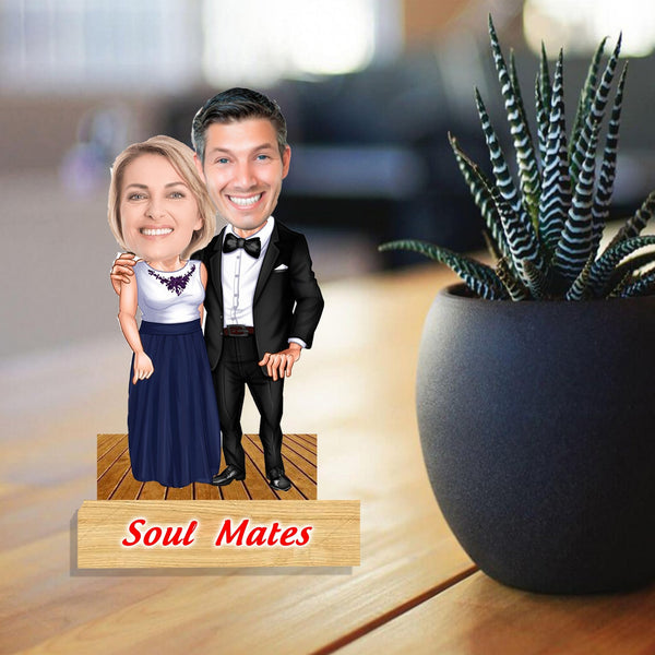 Customized "Couple - Soul Mates" Caricature Cutout with Wooden Base - HEARTSLY