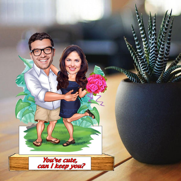 Customized " COUPLE with flower " Caricature Cutout with Wooden Base - HEARTSLY