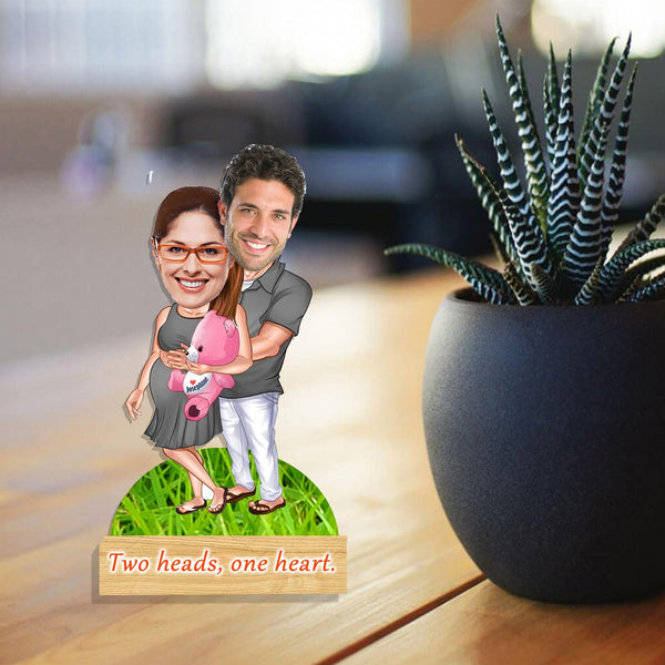 Customized "Couple With teddy" Caricature Cutout with Wooden Base - HEARTSLY