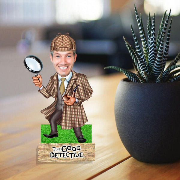 Customized " DETECTIVE " Caricature Cutout with Wooden Base - HEARTSLY