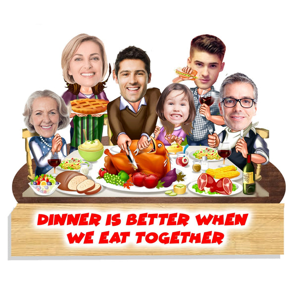 Customized " Dinner Time - Family" Caricature Cutout with Wooden Base - HEARTSLY