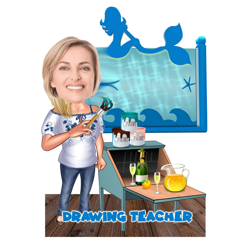 Customized " Drawing Teacher " Caricature Cutout with Wooden Base - HEARTSLY