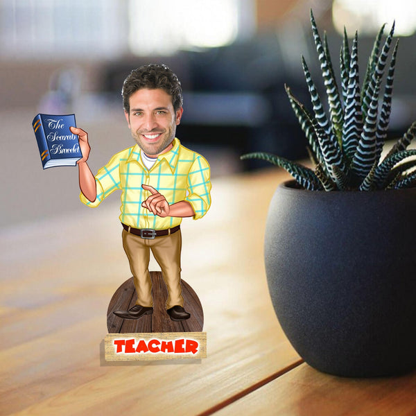 Customized " English TEACHER " Caricature Cutout with Wooden Base - HEARTSLY
