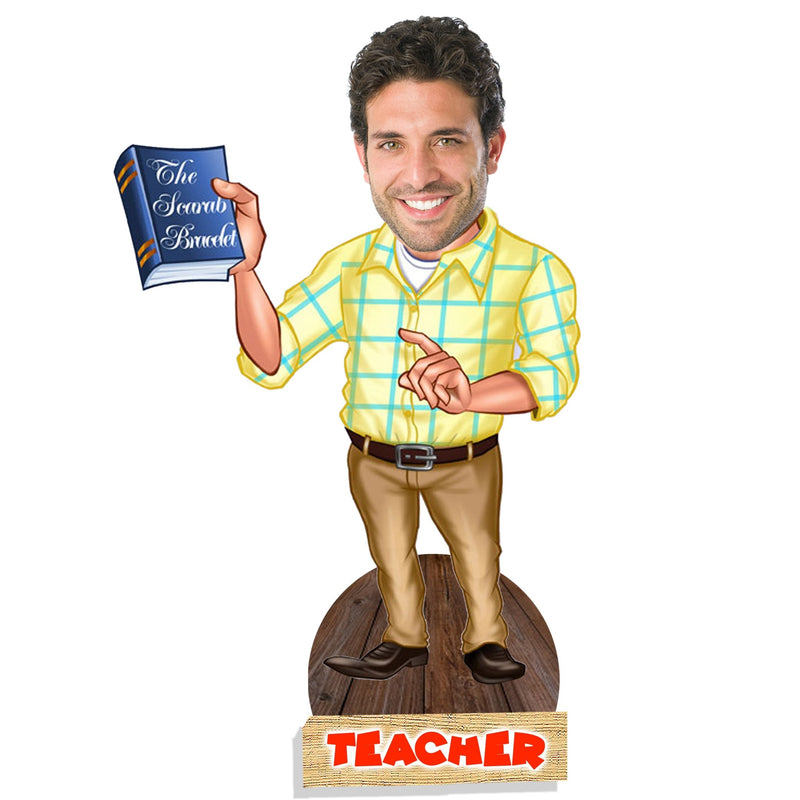 Customized " English TEACHER " Caricature Cutout with Wooden Base - HEARTSLY