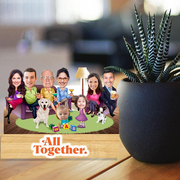 Customized " Family - All Together " Caricature Cutout with Wooden Base - HEARTSLY