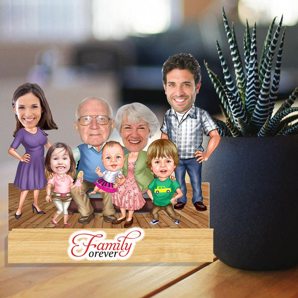 Customized "Family Forever" Caricature Cutout with Wooden Base - HEARTSLY