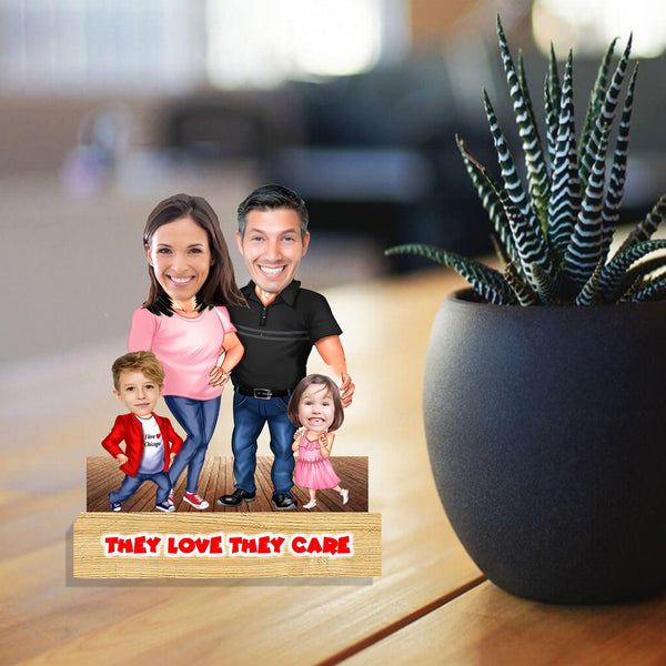 Customized "Family of 4 " Caricature Cutout with Wooden Base - HEARTSLY