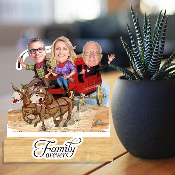 Customized " Family on cart " Caricature Cutout with Wooden Base - HEARTSLY
