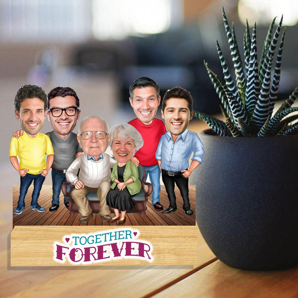Customized "Family Together Forever " Caricature Cutout with Wooden Base - HEARTSLY