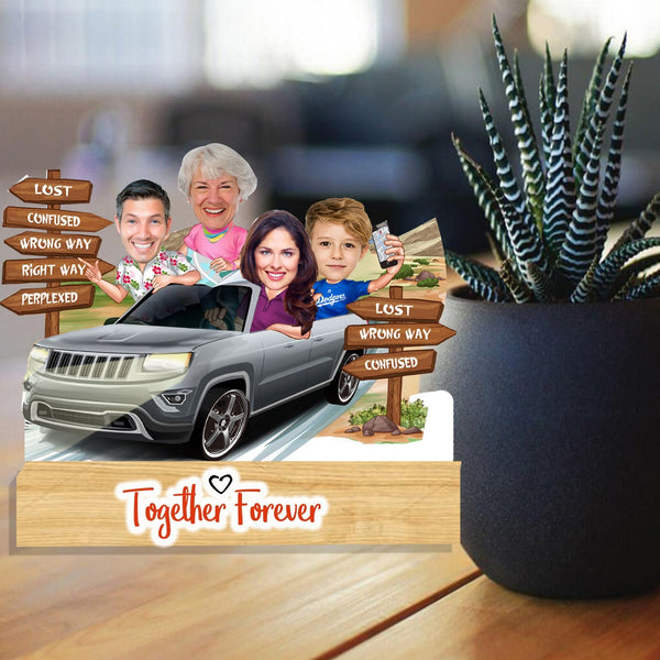 Customized "Family Together Forever" Caricature Cutout with Wooden Base - HEARTSLY