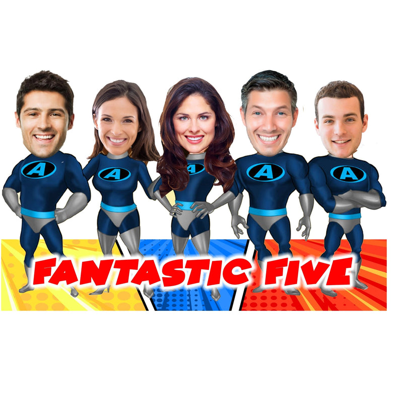 Customized " Fantastic Five " Caricature Cutout with Wooden Base - HEARTSLY