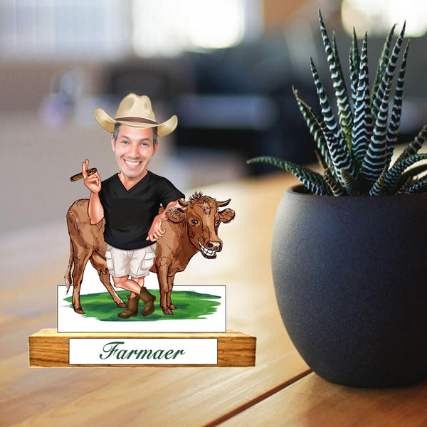 Customized "FARMER " Caricature Cutout with Wooden Base - HEARTSLY