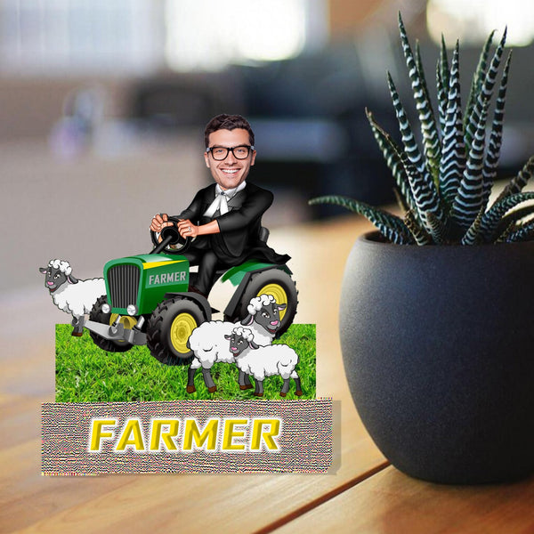 Customized " Farmer Caricature " Cutout with Wooden Base - HEARTSLY