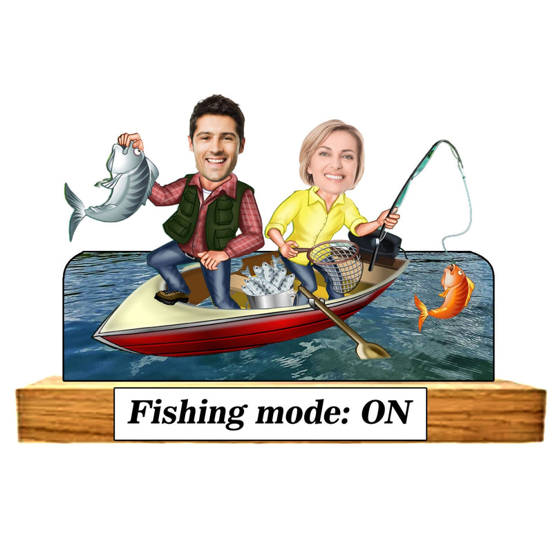 Customized " FISHING by Couple " Caricature Cutout with Wooden Base - HEARTSLY
