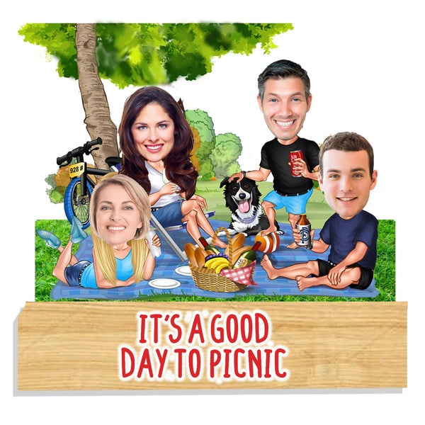 Customized "Friends Picnic" Caricature Cutout with Wooden Base - HEARTSLY