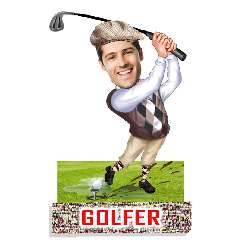 Customized "Golfer " Caricature Cutout with Wooden Base - HEARTSLY