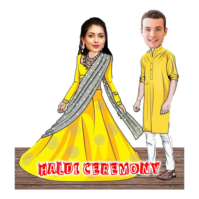 Customized " Haldi Function Couple " Caricature Cutout with Wooden Base - HEARTSLY
