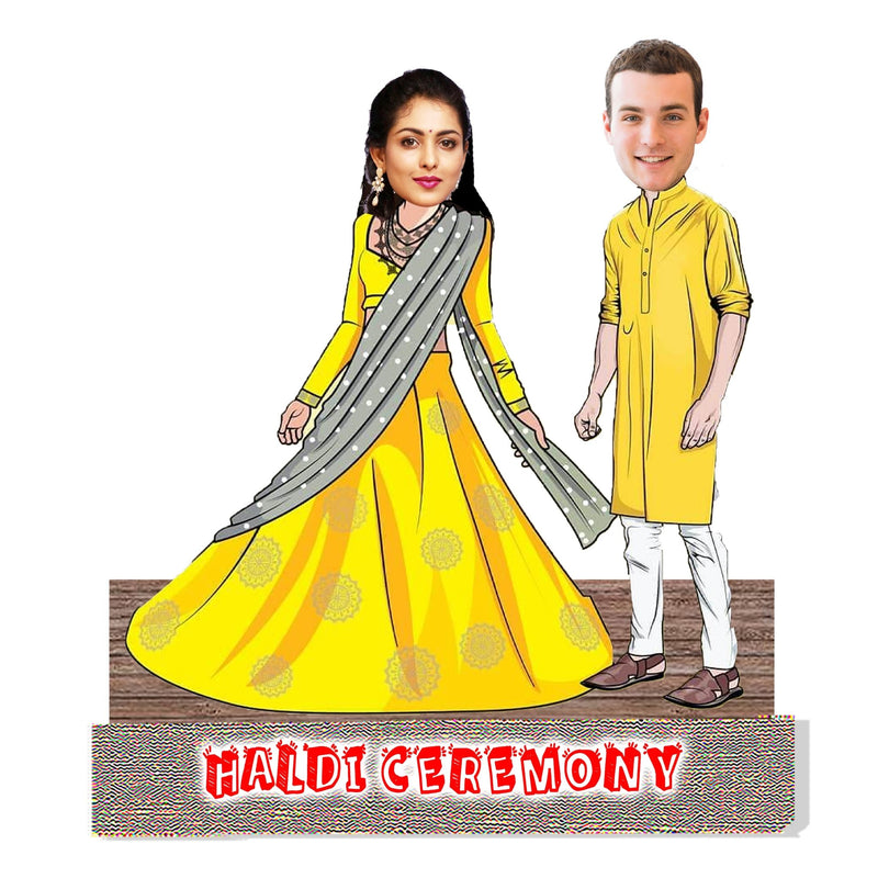 Customized " Haldi Function Couple " Caricature Cutout with Wooden Base - HEARTSLY