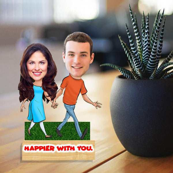 Customized " Happier With You " Couple Caricature Cutout with Wooden Base - HEARTSLY