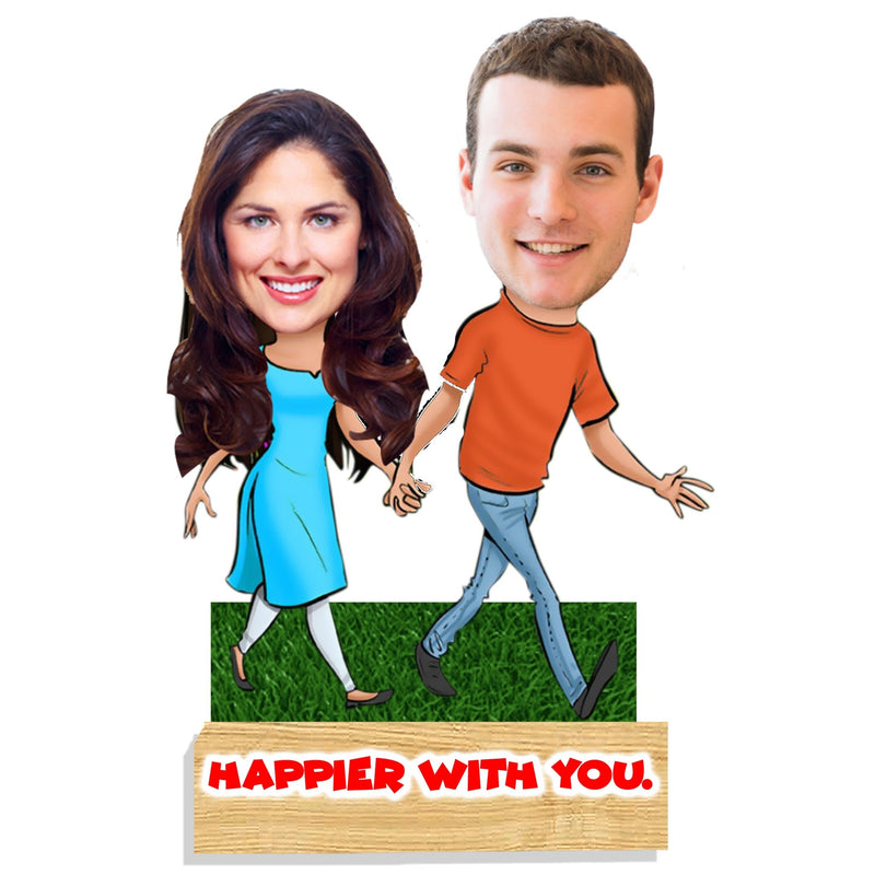 Customized " Happier With You " Couple Caricature Cutout with Wooden Base - HEARTSLY