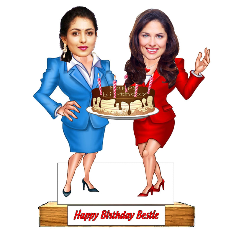 Customized " HAPPY BIRTHDAY BESTIES " Caricature Cutout with Wooden Base - HEARTSLY