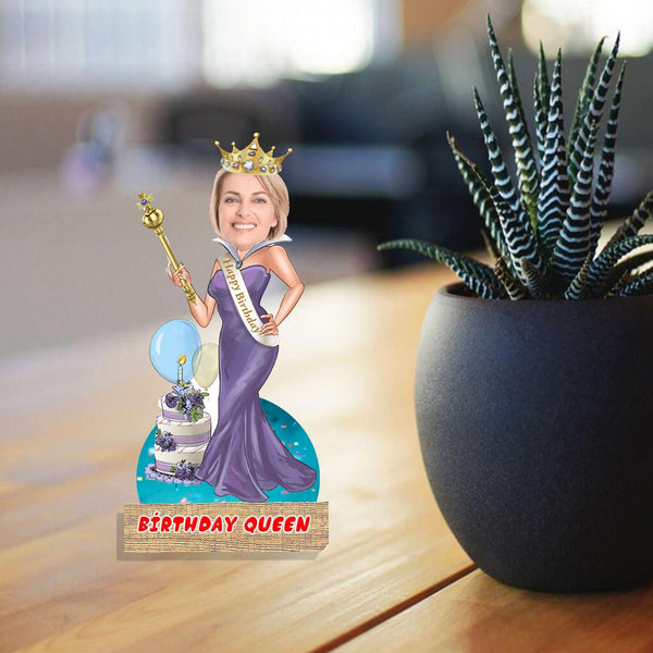 Customized " Happy Birthday Day queen " Caricature Cutout with Wooden Base - HEARTSLY