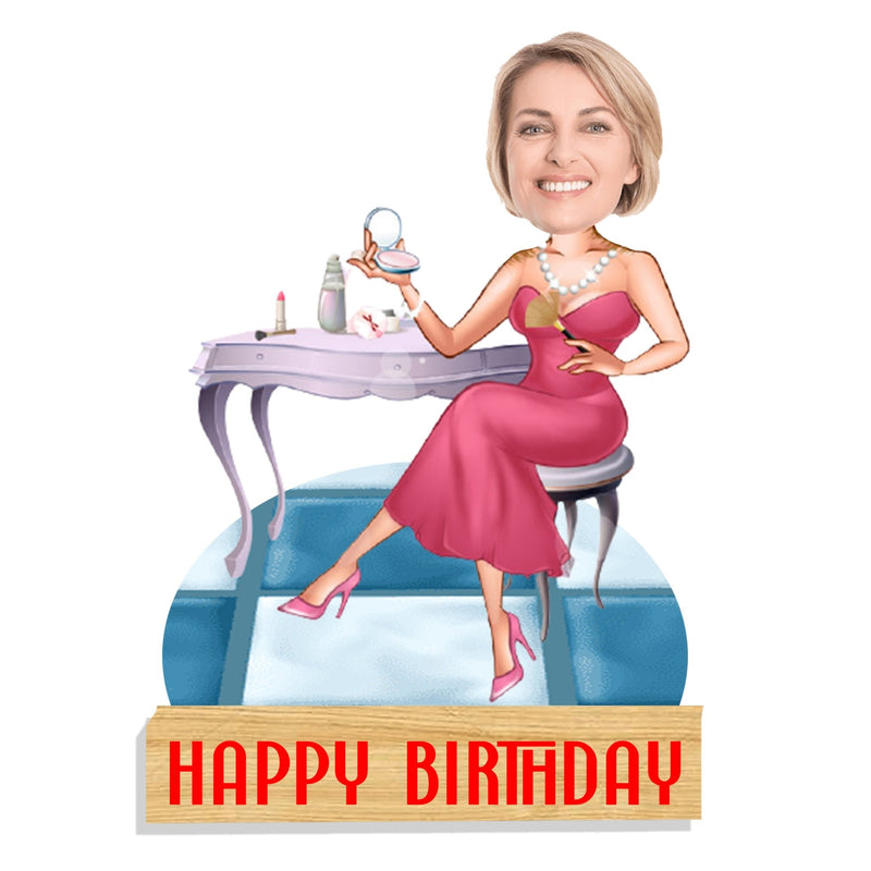 Customized "Happy Birthday" Lady Caricature Cutout with Wooden Base - HEARTSLY