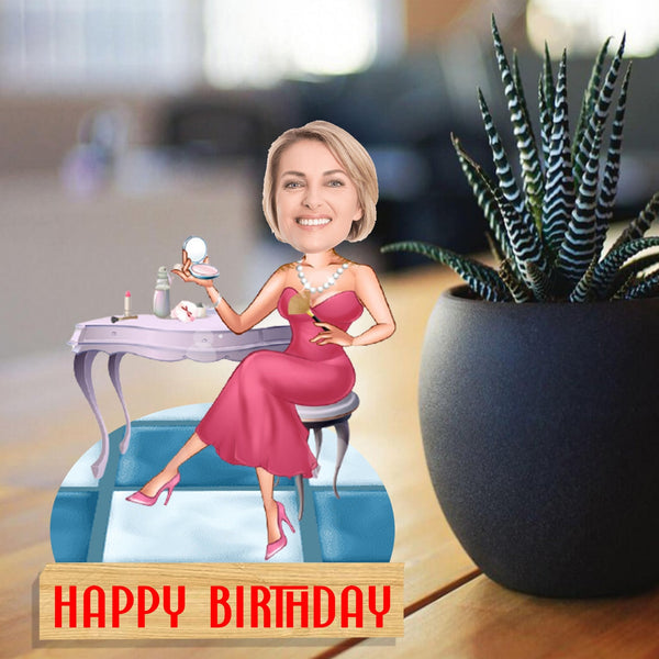 Customized "Happy Birthday" Lady Caricature Cutout with Wooden Base - HEARTSLY