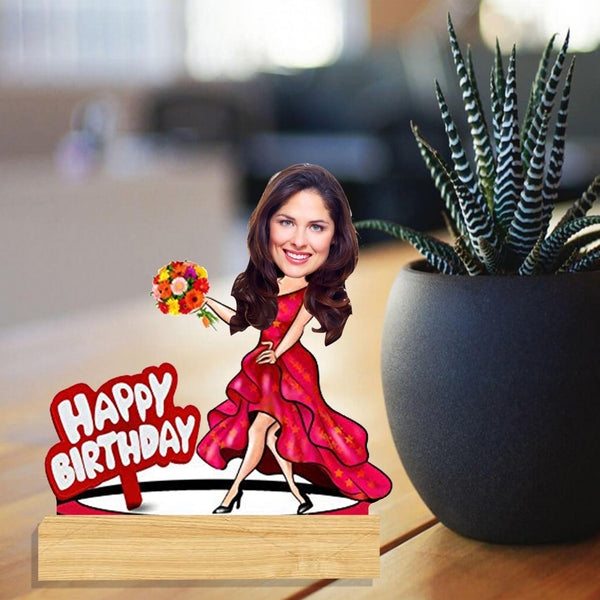 Customized " Happy Birthday My love " Girl Caricature Cutout with Wooden Base - HEARTSLY