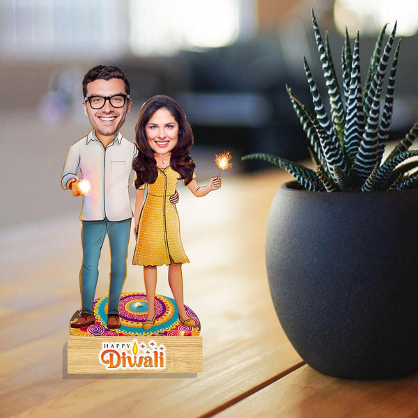 Customized " Happy Diwali Couple " caricature Cutout with Wooden Base - HEARTSLY