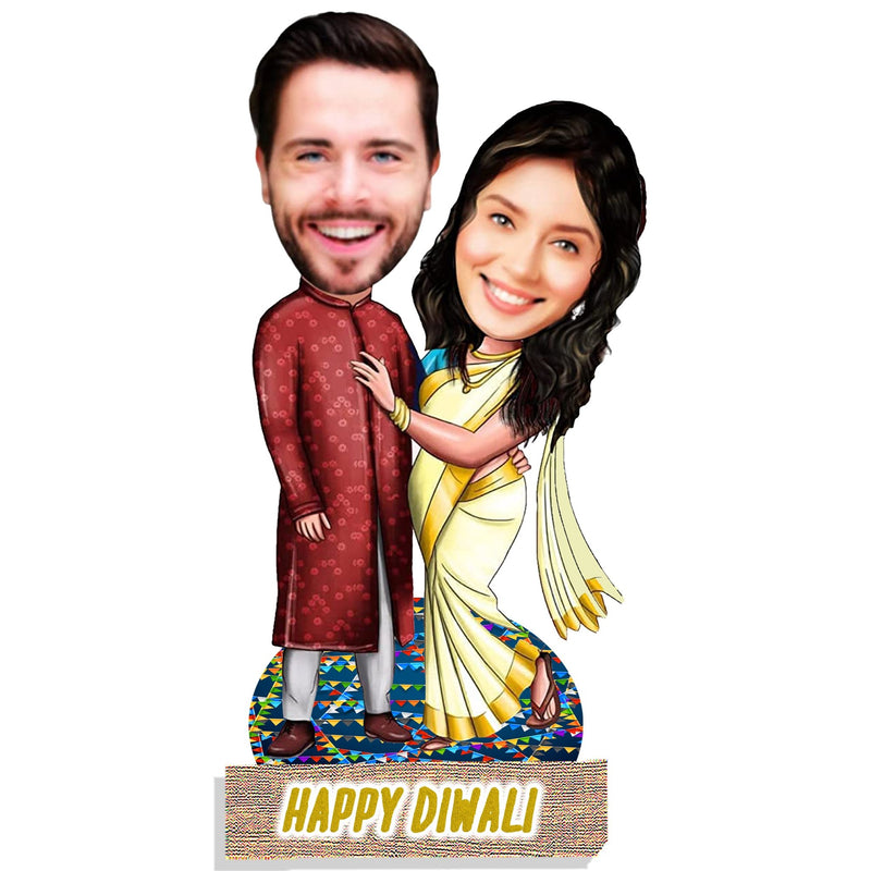 Customized " Happy DIWALI COUPLE" Caricature Cutout with Wooden Base - HEARTSLY