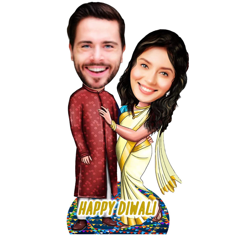 Customized " Happy DIWALI COUPLE" Caricature Cutout with Wooden Base - HEARTSLY