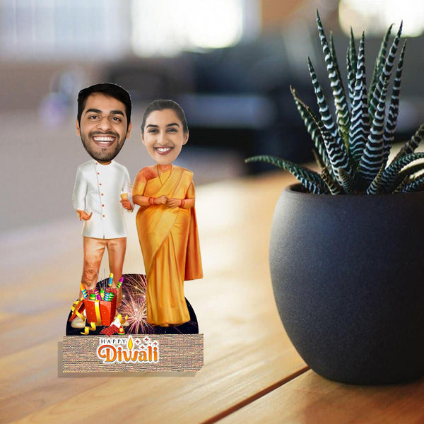 Customized " HAPPY DIWALI COUPLE" Caricature Cutout with Wooden Base - HEARTSLY