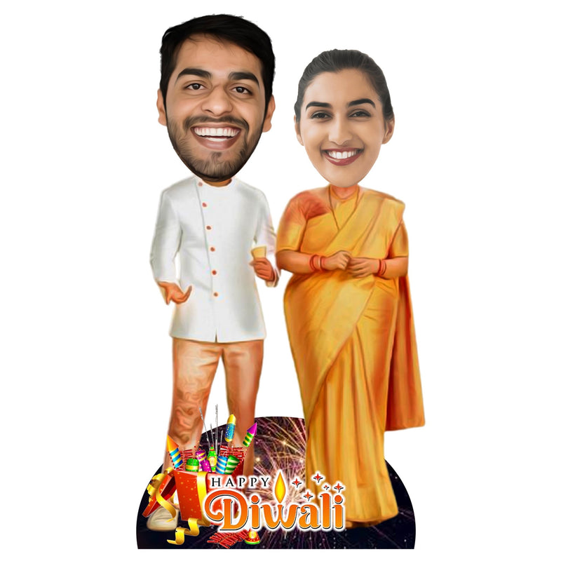 Customized " HAPPY DIWALI COUPLE" Caricature Cutout with Wooden Base - HEARTSLY