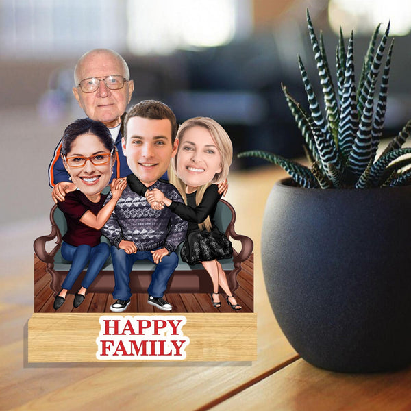 Customized "Happy family" Caricature Cutout with Wooden Base - HEARTSLY