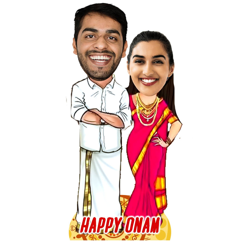 Customized " HAPPY ONAM "Couple Caricature Cutout with Wooden Base - HEARTSLY