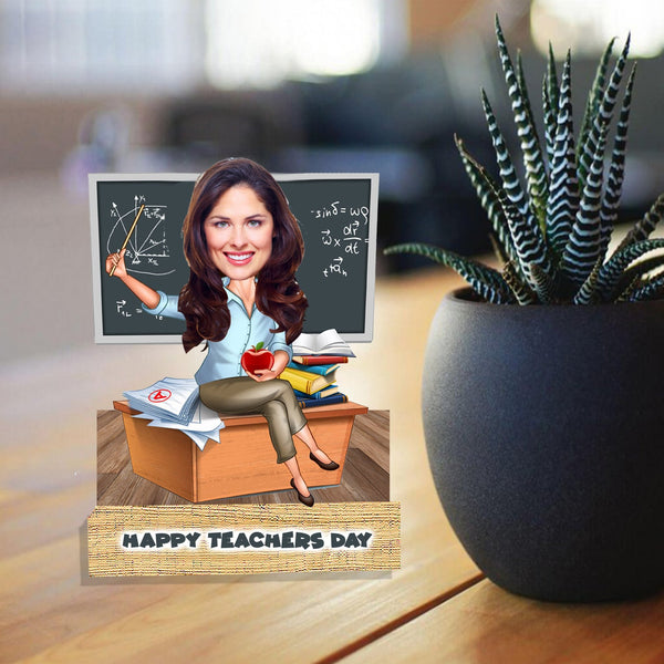 Customized "HAPPY TEACHER DAY" Caricature Cutout with Wooden Base - HEARTSLY