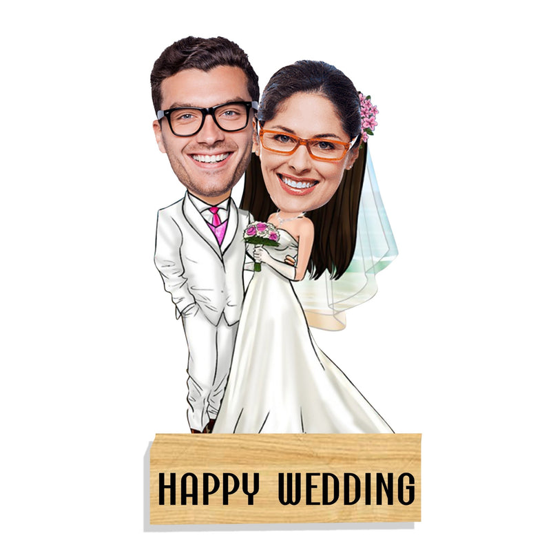 Customized "Happy wedding couple" caricature cutout with wooden stand - HEARTSLY