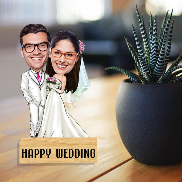 Customized "Happy wedding couple" caricature cutout with wooden stand - HEARTSLY