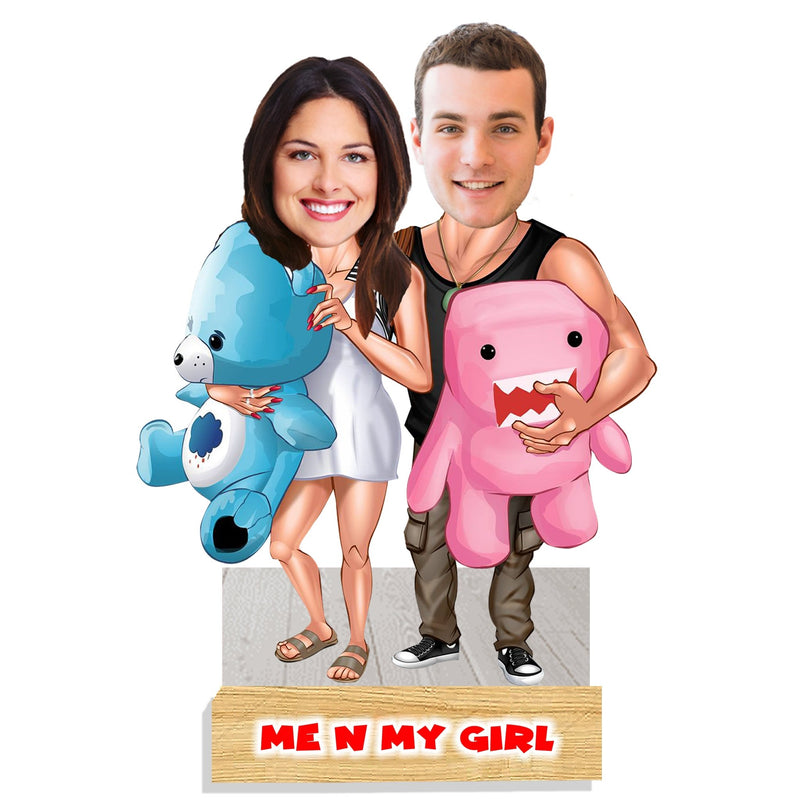 Customized Honeymoon Couple " Me & My Girl " Caricature Cutout with Wooden Base - HEARTSLY