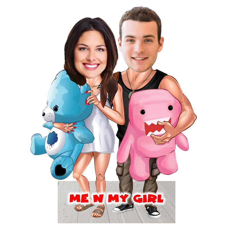 Customized Honeymoon Couple " Me & My Girl " Caricature Cutout with Wooden Base - HEARTSLY