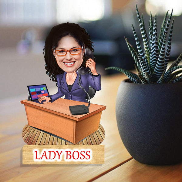 Customized "Lady Boss " Caricature Cutout with Wooden Base - HEARTSLY