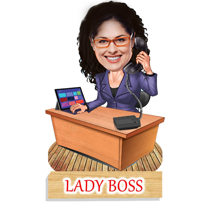 Customized "Lady Boss " Caricature Cutout with Wooden Base - HEARTSLY