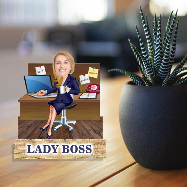 Customized "lady Boss " Wooden Cutout with Wooden Base - HEARTSLY