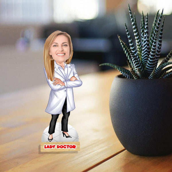 Customized " LADY DOCTOR " Caricature Cutout with Wooden Base - HEARTSLY